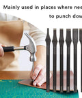 Pro Grade Leather Prong Chisel Set With Six Slot Punch Tips for belts, wallets, and bags on crafting mat