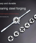 Pro Grade Metric Tap And Die Set M3 To M12 For Internal And External Thread Repair Includes Long Handled Tap Wrench T Handle Wrenches Adjustable Die Wrench Screwdriver And Pitch Gauge 12 Piece Kit. Bearing steel forging, includes dies and long handle wrench.