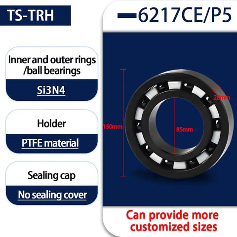 Pro Level Super Heavy Duty Silicon Nitride Si3N4 All Ceramic Bearing 6217 Open P5 Precision 85X150X28mm detail with measurements.