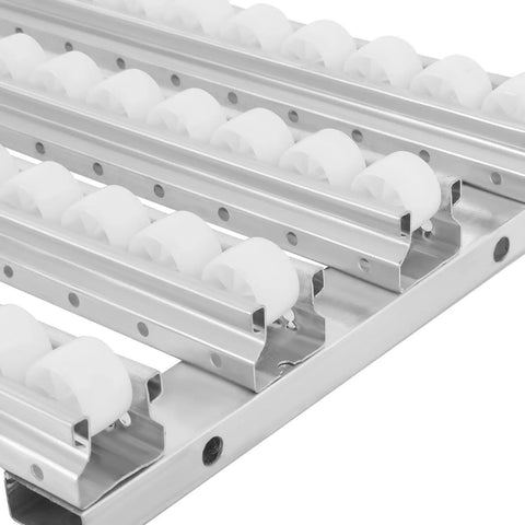 Close-up of galvanized steel rollers on Light Duty Belt Conveyor With Galvanized Steel Rollers 78.7 X 11.8 Inch Portable Rail Ramp Industrial Transport Equipment For Table Ladder Bed Boat Use