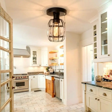 Kitchen with Crystal Cage Flush Mount Ceiling Light With Adjustable Pull Chain Dope Industrial Black Metal Round Edison E26 3 Light Fixture Close To Ceiling Modern Ceiling Light.