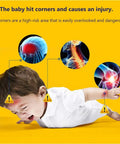 12 Pack Soft Foam Corner Guards For Baby Proofing And Toddler Safety Featuring Dead Simple Peel Setup And Rock Solid Self Adhesive Grip To Safeguard Sharp Living Room Furniture Edges, baby on floor near warning signs of injury.