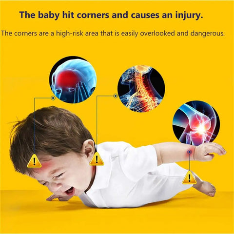 12 Pack Soft Foam Corner Guards For Baby Proofing And Toddler Safety Featuring Dead Simple Peel Setup And Rock Solid Self Adhesive Grip To Safeguard Sharp Living Room Furniture Edges, baby on floor near warning signs of injury.