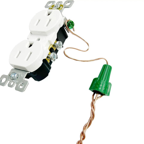 Ground Wire Connector Nuts With Hole, 100 Pack Green Wire Caps For Electrical Grounding, UL Listed, Designed For 14-10 AWG shown connected to outlet