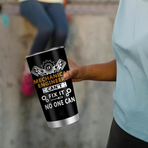 Person holding 20 Oz Stainless Steel Mechanical Engineer Tumbler with Lid and Straw, durable travel mug for men.