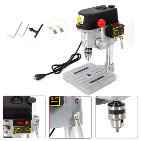 Hella Solid 340W Benchtop Drill Press With Three Speed Settings And Adjustable 1 To 10Mm Chuck for woodworking, showing cast iron base and power controls.