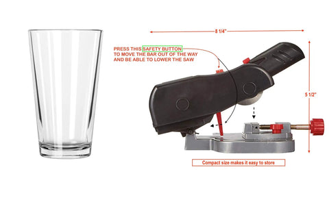 Mini Miter Cut Off Saw For Hobby Crafts And Model Making Cuts Wood Plastic Aluminum Brass Up To One Half Inch Ideal For Zinc Came Carbon Arrow Shafts And Stained Glass Diy Projects On A Compact Benchtop, side view with glass for scale