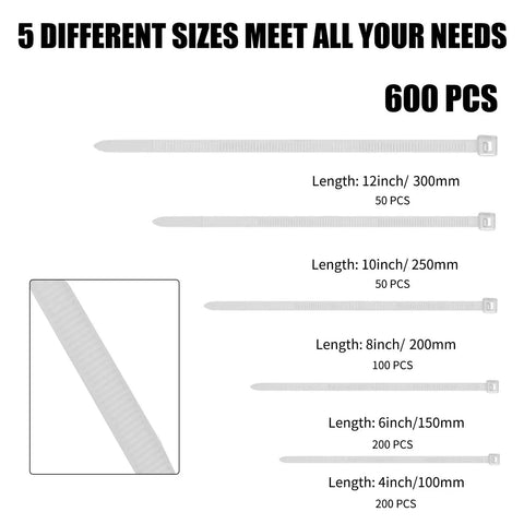 Self Locking Nylon Cable Ties Set With 600 Pieces In 4 6 8 10 12 Inch Assorted Sizes, shown in various lengths and quantities.