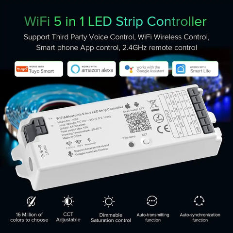 5 In 1 WB5 WiFi PWM LED Controller For Alexa Google Home Smart Life And Tuya App Control with LED strip in background