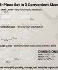Image showing a 6-Piece Set of Super Slick Clear Hard Shell Zipper Cases With Rugged Plastic Organization Pouches For Travel Toiletries And Electronics. Sizes include 2 small, 2 medium, and 2 large cases.