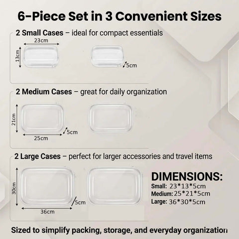 Image showing a 6-Piece Set of Super Slick Clear Hard Shell Zipper Cases With Rugged Plastic Organization Pouches For Travel Toiletries And Electronics. Sizes include 2 small, 2 medium, and 2 large cases.