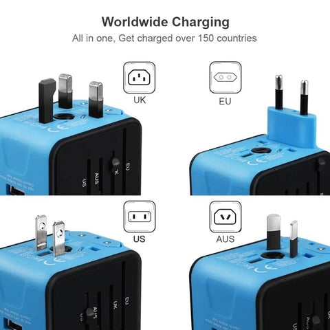 Universal Travel Adapter With Dual USB Fast Charge All In One International Power Converter For UK EU AU Asia Supports 150 Plus Countries Compact Wall Charger For Worldwide Travel Blue showing various plug types.
