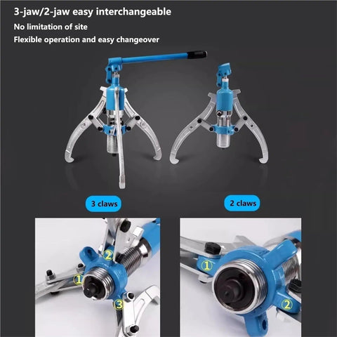 Beefy Hydraulic Gear Puller Kit With Convertible 2-Jaw And 3-Jaw Design showing both claw configurations and handle.