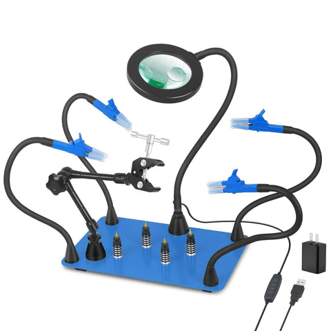 Magnetic Third Hand Soldering Station with 3X to 6X Magnifying Glass, LED Lighting, Adjustable Alligator Clips, Heavy Duty Base