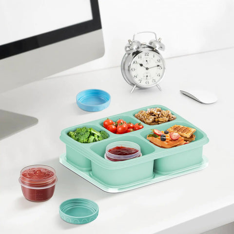 Leakproof Salad Dressing Containers To Go With Lids 6 Pack 2.7 Oz Small Sauce Jars on desk with lunch box
