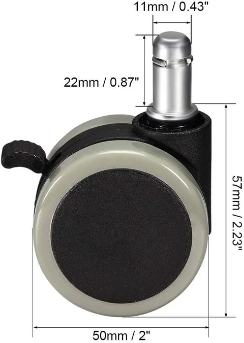 Two Pack 2 Inch Pu Twin Swivel Casters With Locking Brake M10 X 15mm Threaded Stem, showing dimensions and caster design.