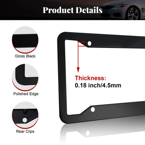 Gloss Black Heavy Duty License Plate Frames Set Of 2 detail showing thickness and polished edge with rear clips
