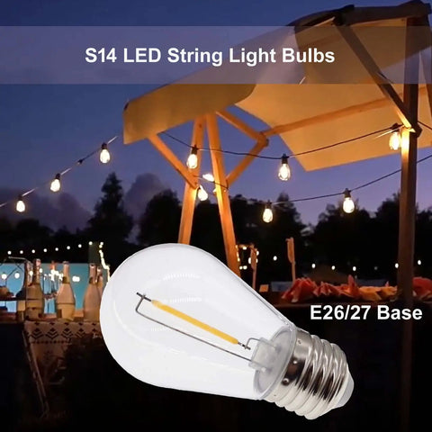 25 Pack Replacement LED Bulbs For S14 String Lights Shatterproof Waterproof 1 Watt Equivalent To 11 Watt Incandescent Warm White 2700K E26 Medium Base Non Dimmable, bulb shown with outdoor string lights
