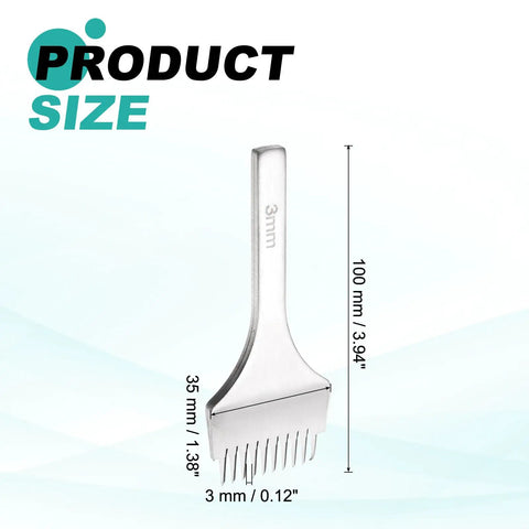 Leather Stitching Punch 3.0mm 10 Prong Carbon Steel Hole Punch Tool, white, showing 3mm prong spacing and 100mm length dimensions.