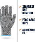 Level 9 Cut Resistant HPPE Kitchen Gloves Pro Grade Heavy Duty Food Safe For Meat Carving shown with seamless knit comfort and ambidextrous fit