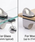 4 Pack Zinc Alloy Brushed Duckbill Glass Shelf Clamps for glass and wood panels, adjustable with rubber cushions