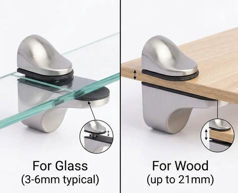 4 Pack Zinc Alloy Brushed Duckbill Glass Shelf Clamps for glass and wood panels, adjustable with rubber cushions
