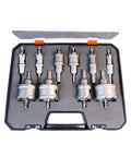 Top Tier Carbide Hole Saw Kit With Alloy Steel Cutter Set For Metal Stainless Steel Copper Cutting Featuring 40mm Depth Pilot Drill Bits And Hex Wrench Perfect For Installers And Workshops In 10 Pcs Set open case with carbide hole saws