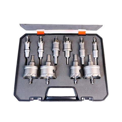 Top Tier Carbide Hole Saw Kit With Alloy Steel Cutter Set For Metal Stainless Steel Copper Cutting Featuring 40mm Depth Pilot Drill Bits And Hex Wrench Perfect For Installers And Workshops In 10 Pcs Set open case with carbide hole saws