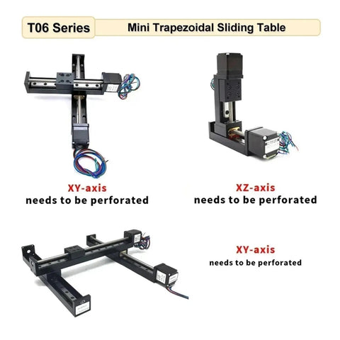 X Y Z Axis Pro Grade Motorized Slide Table With T Type Linear Guide Rail Stage shown in three configurations