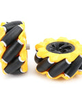Mecanum wheel set with yellow frames and black rubber rollers, 80mm diameter, pair for geared motors