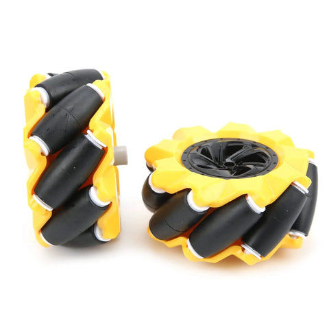 Pair of yellow 80mm mecanum wheels with black roller tires for TT geared motor robot cars