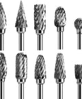 Double cut carbide rotary burr set, 10 pcs, 1/8 in shank, 1/4 in head length, tungsten steel for woodworking