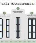 Black Interior Bifold Closet Door Set For 36 By 80 Opening With 3 Lite Tempered Frosted Glass, assembly steps illustration.