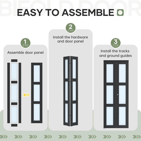 Black Interior Bifold Closet Door Set For 36 By 80 Opening With 3 Lite Tempered Frosted Glass, assembly steps illustration.