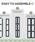 Black Bifold Closet Doors For A 72 By 80 Inch Opening featuring assembly steps with panels and track installation instructions.