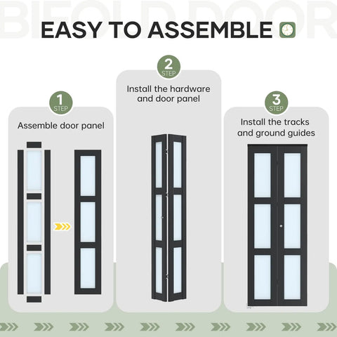 Black Bifold Closet Doors For A 72 By 80 Inch Opening featuring assembly steps with panels and track installation instructions.