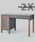 Gray and brown modern desk with drawer and cabinet, labeled "2X The Creativity" against a neutral background.