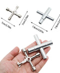 Hand holding 4 Way Sillcock Key Wrench Kit Two Pack, Multi Function Water Key For Valves with measurements