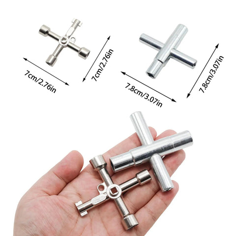 Hand holding 4 Way Sillcock Key Wrench Kit Two Pack, Multi Function Water Key For Valves with measurements
