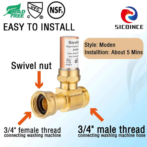 Water Hammer Arrestor For Washing Machine Three Quarter Inch Thread Copper Chamber Brass Body Low Lead Plumbing Fitting Easy Install