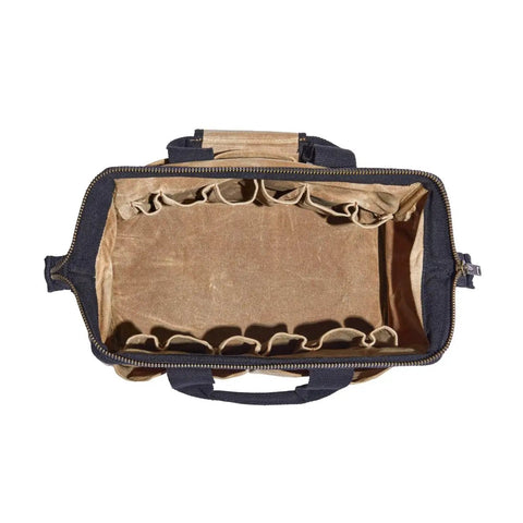 Top view of Waxed Canvas Tool Bag 15 Inch Heavy Duty Contractor Organizer With 19 Pockets For Tools Gear And Equipment Tan Durable