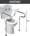 Solid Adjustable Toilet Safety Rails For Seniors Offering Smooth Bailout Support With Non Slip Padded Arms Heavy Duty 300 LB Capacity Top Shelf Bathroom Assist Bars Commode Seat Frame adjustable height measurements displayed next to toilet