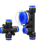 Bulk 50 Pack PZA Pneumatic Plastic Fittings Quick Connectors For Water Hose And Air Lines, 4 Way And 5 Way Push Fast Connectors shown