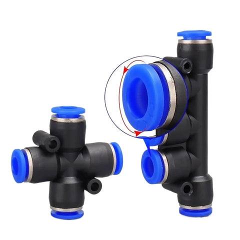Bulk 50 Pack PZA Pneumatic Plastic Fittings Quick Connectors For Water Hose And Air Lines, 4 Way And 5 Way Push Fast Connectors shown