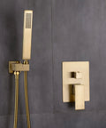 Real Deal Brushed Gold Rainfall Shower Kit With Handheld Sprayer Concealed Wall Mount Bath Fixture showing sleek design and brass components.