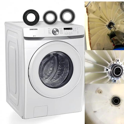 Heavy Duty Samsung Washer Bearing Kit DC62-00156A shown with two steel bearings and inside drum view for WF393 models.