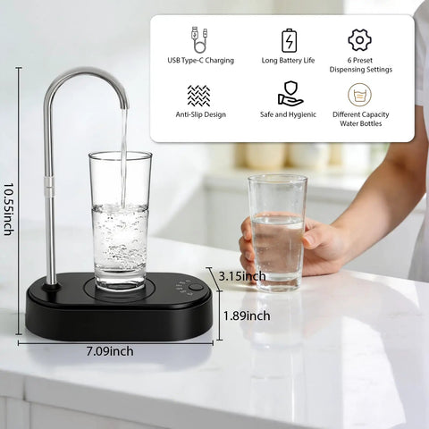 No Hassle 5 Gallon Water Bottle Dispenser For Countertop With USB Rechargeable Pump in use dispensing into glass