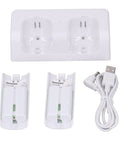 Top view of 4 In 1 Remote Charging Dock With Built In 2800mAh Batteries, including dual charger, two battery packs, and USB cable.