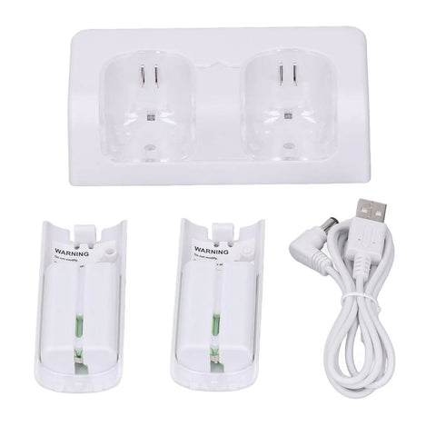 Top view of 4 In 1 Remote Charging Dock With Built In 2800mAh Batteries, including dual charger, two battery packs, and USB cable.