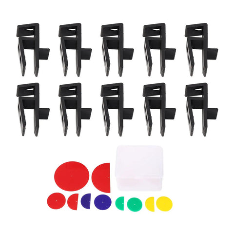 Professional Cabinet Scribing Jig Set With Tough Abs Construction For Seamless Toe Kick And Ceiling Filler Installation includes multiple black clamps and color discs.